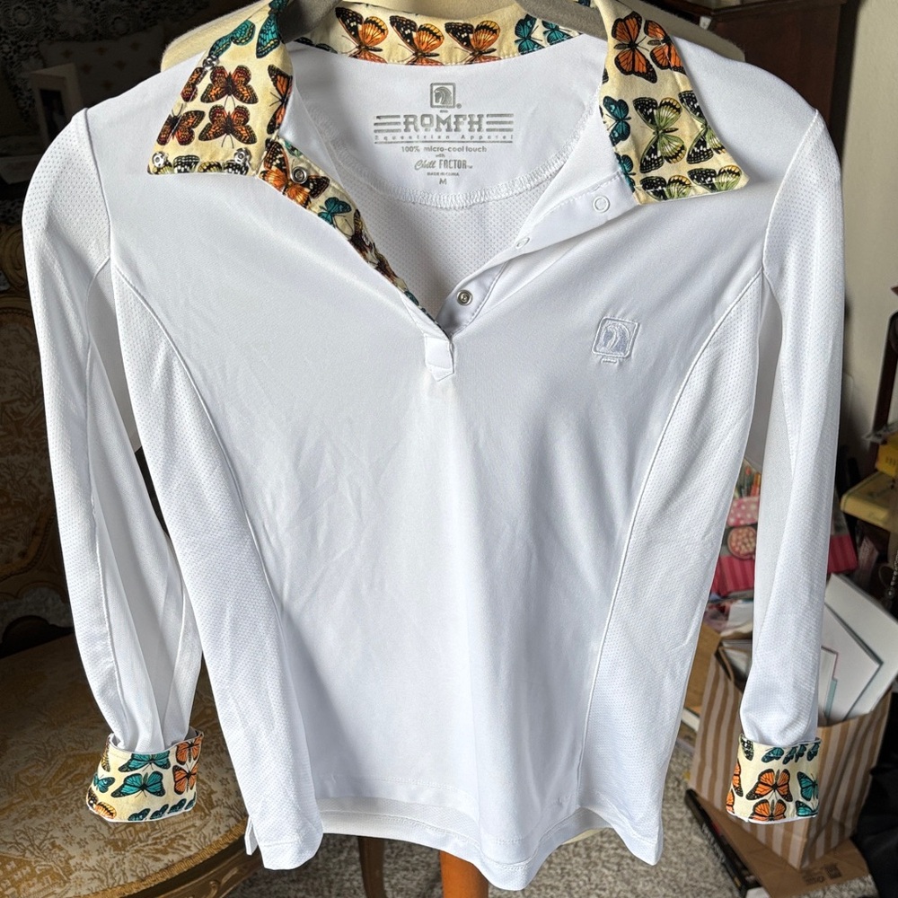 Romfh White Girl’s size Medium Polo with Vibrant Butterfly Details
